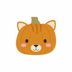 Happy Halloween cute cartoon pumpkin with cat face. Halloween party decor for children. Childish print for cards, stickers, invitation, nursery decoration. Vector illustration.