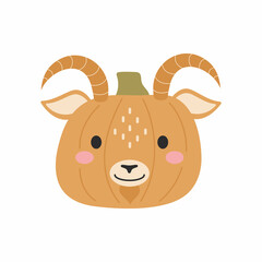 Happy Halloween cute cartoon pumpkin with goat face. Halloween party decor for children. Childish print for cards, stickers, invitation, nursery decoration. Vector illustration.