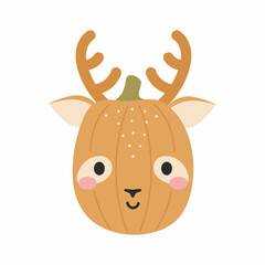Happy Halloween cute cartoon pumpkin with deer face. Halloween party decor for children. Childish print for cards, stickers, invitation, nursery decoration. Vector illustration.