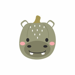 Happy Halloween cute cartoon pumpkin with hippo face. Halloween party decor for children. Childish print for cards, stickers, invitation, nursery decoration. Vector illustration.