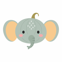 Happy Halloween cute cartoon pumpkin with elephant face. Halloween party decor for children. Childish print for cards, stickers, invitation, nursery decoration. Vector illustration.