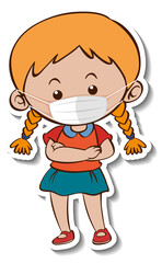 A sticker template with a girl wearing medical mask cartoon character
