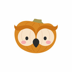 Happy Halloween cute cartoon pumpkin with owl face. Halloween party decor for children. Childish print for cards, stickers, invitation, nursery decoration. Vector illustration.