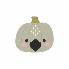 Happy Halloween cute cartoon pumpkin with raven face. Halloween party decor for children. Childish print for cards, stickers, invitation, nursery decoration. Vector illustration.