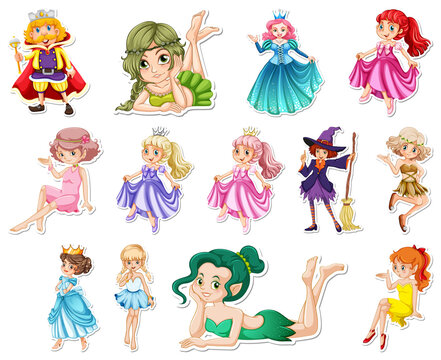 Set of stickers with beautiful fairies and mermaid cartoon character