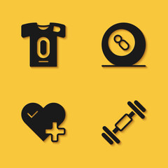 Set Football jersey and t-shirt, Dumbbell, Heart rate and Billiard pool snooker icon with long shadow. Vector