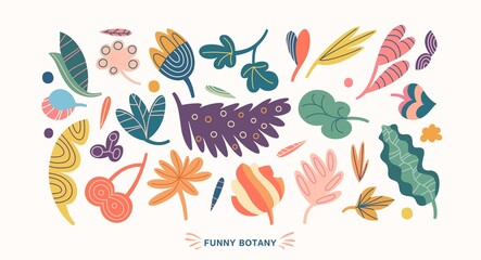 Set of surreal plants and leaves. Colorful hand drawn floral collection. Childish cartoon graphics. Vector