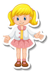 Sticker template with a girl in standing pose cartoon character isolated
