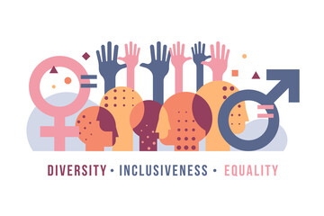 Inclusiveness Diversity Equality concept with abstract modern Various people is heads, gender symbol and equal sign, Equally raised hand symbol vector design