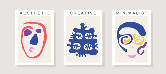 Surreal portraits. Three trendy posters in contemporary minimalistic style. Abstract illustrations inspired by Matisse graphics. Vector template