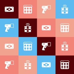 Set pop art Stacks paper money cash, Online shopping screen, Scanner scanning bar code and Gift box icon. Vector