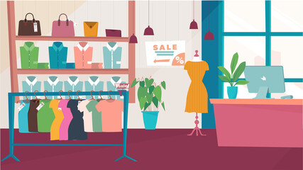 Clothing store interior concept in flat cartoon design. Shop with assortment of dresses on hangers, shirts and clothes, bags and accessories, cash checkout. Vector illustration horizontal background