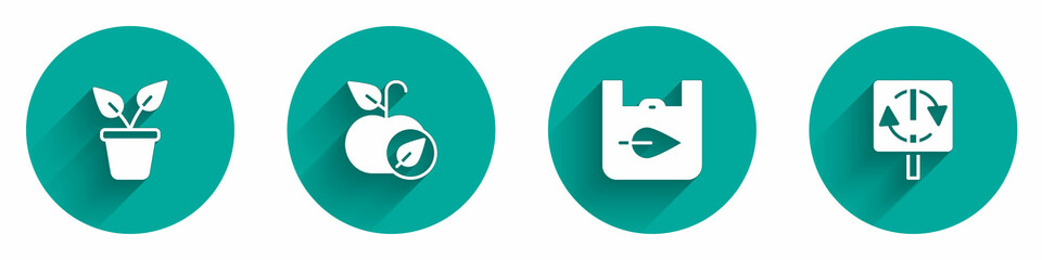 Set Plant in pot, Apple, Shopping bag with recycle and Recycle symbol icon with long shadow. Vector