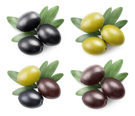 Delicious olives collection, isolated on white background