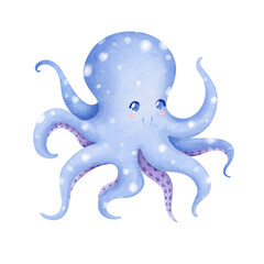 Cute blue octopus on a white background. Digital illustration. Children's illustration Suitable for children's clothing, postcards, prints, tableware, wallpaper, etc.