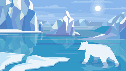 Antarctic landscape concept in flat cartoon design. Polar bear in cold water, huge ice blocks, icebergs, permafrost, snow and frost. Wildlife panoramic view. Vector illustration horizontal background