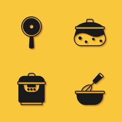 Set Frying pan, Cooking whisk with bowl, Slow cooker and pot icon with long shadow. Vector
