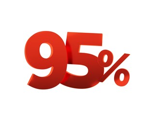 Red ninety five percent on white background. 3d render illustration.