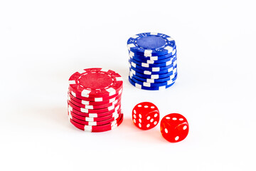 Casino gambling chips - poker background. Red and blue chips