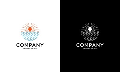 vector logo of ocean waves in a cross with sunshine view for medical research and pharmaceutical companies, suitable for companies with beach and sea themes in liner style.