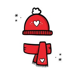 Cute doodle style red hat and scarf. Warm winter clothes, accessories vector icons, illustration.
