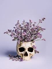  Lilac field flowers in a human's skull that serves as a pot on lavender pastel background. Creative Halloween floral concept. Dead head, gothic art, and romantic details. Fashion minimal art. © Aleksandar