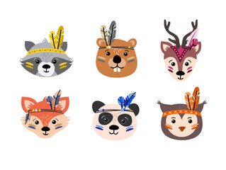 Cute woodland tribal animals collection vector