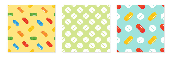 Set, collection of three colorful pills, medications, food supplements vector seamless pattern backgrounds.

