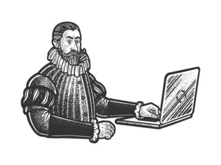 medieval man nobleman with laptop sketch engraving vector illustration. T-shirt apparel print design. Scratch board imitation. Black and white hand drawn image.
