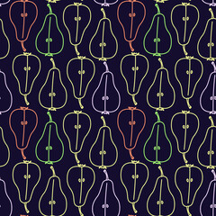 Template for printing on fabric, wrapping paper. The symbol of pears on a dark background. The colors are lilac, yellow, green, orange. Linear pattern. Vector.