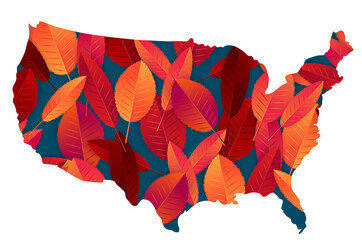 Autumn illustration in a shape of the USA filled with red and orange leaves. United States country fall season. Vector illustration.
