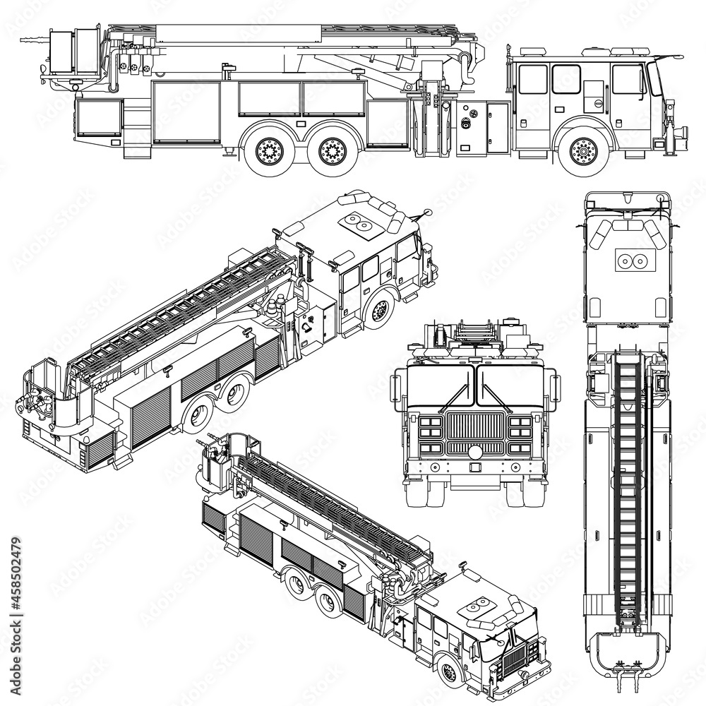 Poster set with the contours of the detailed firing machine from black lines isolated on a white background