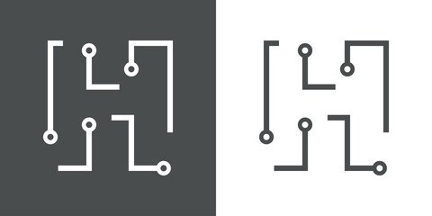 Logotipo letra inicial H con forma de circuito electrónico con lineas en fondo gris y fondo blanco