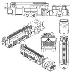 Set with the contours of the detailed firing machine from black lines isolated on a white background. 3D. Vector illustration