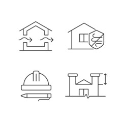 Standards for residential construction linear icons set. Natural ventilation. Weather resistance. Customizable thin line contour symbols. Isolated vector outline illustrations. Editable stroke
