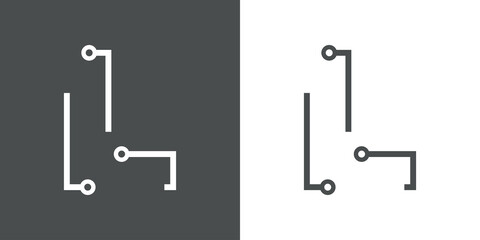 Logotipo letra inicial L con forma de circuito electrónico con lineas en fondo gris y fondo blanco