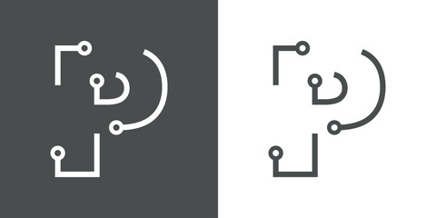 Logotipo letra inicial P con forma de circuito electrónico con lineas en fondo gris y fondo blanco