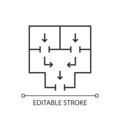 Means to vacate building linear icon. Planning apartment building escape. Emergency situation. Thin line customizable illustration. Contour symbol. Vector isolated outline drawing. Editable stroke