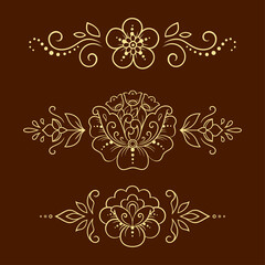 Set of Mehndi flower pattern for Henna drawing and tattoo. Decoration in ethnic oriental, Indian style. Doodle ornament. Outline hand draw vector illustration.