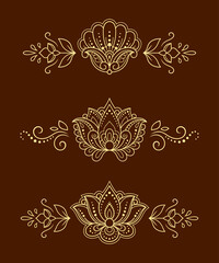 Set of Mehndi flower pattern for Henna drawing and tattoo. Decoration in ethnic oriental, Indian style. Doodle ornament. Outline hand draw vector illustration.