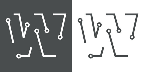 Logotipo letra inicial W con forma de circuito electrónico con lineas en fondo gris y fondo blanco
