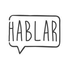 Logotipo con texto manuscrito Hablar en español con silueta de burbuja de habla con lineas en color gris