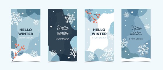 Winter story template for social media, blue backgroung with snowflakes and ilex branches, vector illustration - Powered by Adobe