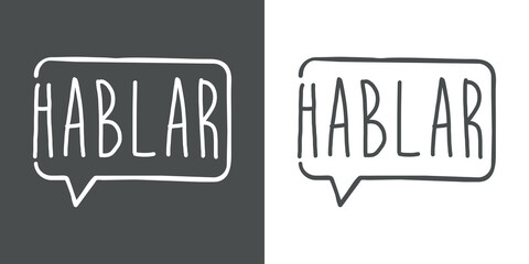 Logotipo con texto manuscrito Hablar en español con silueta de burbuja de habla con lineas en fondo gris y fondo blanco