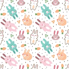 Fotobehang Seamless Pattern with Cartoon Rabbit Design on White Background © Supannee