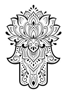 Hamsa hand drawn symbol with Lotus flower. Decorative pattern in oriental style for interior decoration and henna drawings. The ancient sign of "Hand of Fatima".