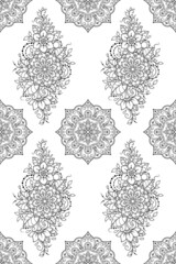 Seamless decorative ornament in ethnic oriental style. Circular pattern in form of mandala and flower for Henna, Mehndi, tattoo, decoration. Doodle outline hand draw vector illustration.