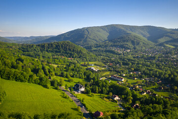 Aerial landscape of the Silesian Beskid in Ustron. Poland