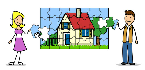 Obraz na płótnie Canvas Paar hält Puzzleteile zum Eigenheim als Hauskauf Konzept