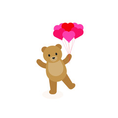 This is a teddy bear with balloons for valentines day isolated on a white background.